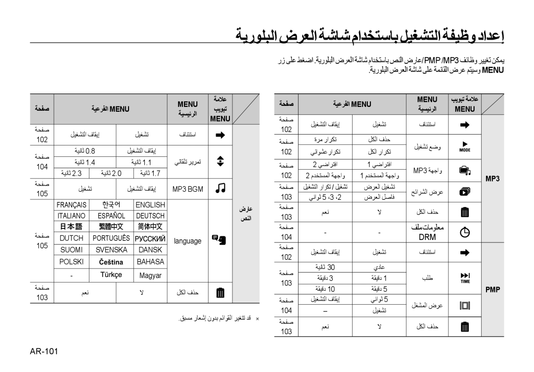 Samsung EC-I8ZZZUBC/AS, EC-I8ZZZPBA/E2 ﺔﻳﺭﻮﻠﺒﻟﺍ ﺽﺮﻌﻟﺍ ﺔﺷﺎﺷ ﻰﻠﻋ ﺔﻤﺋﺎﻘﻟﺍ ﺽﺮﻋ ﻢﺘﻴﺳﻭ Menu, AR-101, ﺐﻳﻮﺒﺗ ﺔﻣﻼﻋ ﺔﻴﺴﻴﺋﺮﻟﺍ 