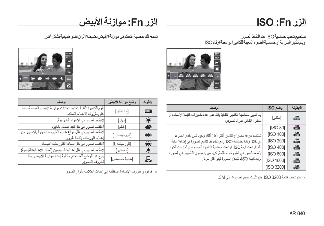 Samsung EC-I8ZZZWBA/RU, EC-I8ZZZPBA/E2, EC-I8ZZZWBA/E3 manual ﺾﻴﺑﻷﺍ ﺔﻧﺯﺍﻮﻣ Fn ﺭﺰﻟﺍ ISO Fn ﺭﺰﻟﺍ, AR-040, ﻒﺻﻮﻟﺍ Iso ﻊﺿﻭ ﺔﻧﻮﻘﻳﻷﺍ 