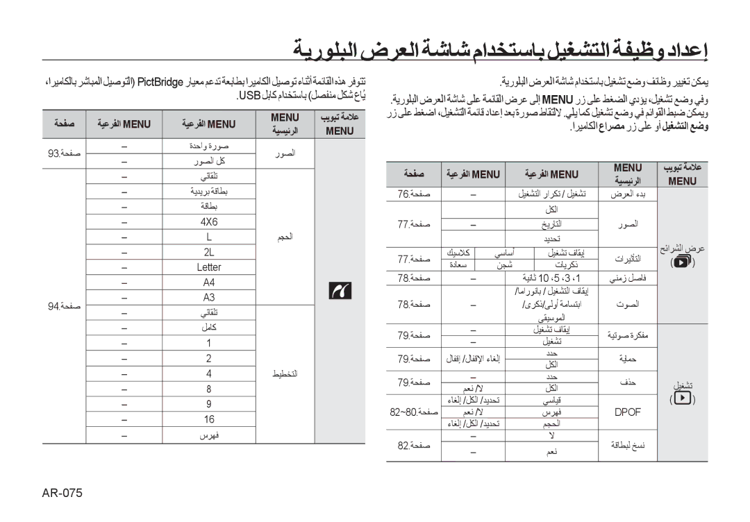 Samsung EC-I8ZZZUBA/MX manual ﺔﻳﺭﻮﻠﺒﻟﺍ ﺽﺮﻌﻟﺍ ﺔﺷﺎﺷ ﻡﺍﺪﺨﺘﺳﺎﺑ ﻞﻴﻐﺸﺘﻟﺍ ﺔﻔﻴﻇﻭ ﺩﺍﺪﻋﺇ, Usbﻞﺑﺎﻛ ﻡﺍﺪﺨﺘﺳﺎﺑ ﻞﺼﻔﻨﻣ ﻞﻜﺷ ﻉﺎُﻳ, AR-075 