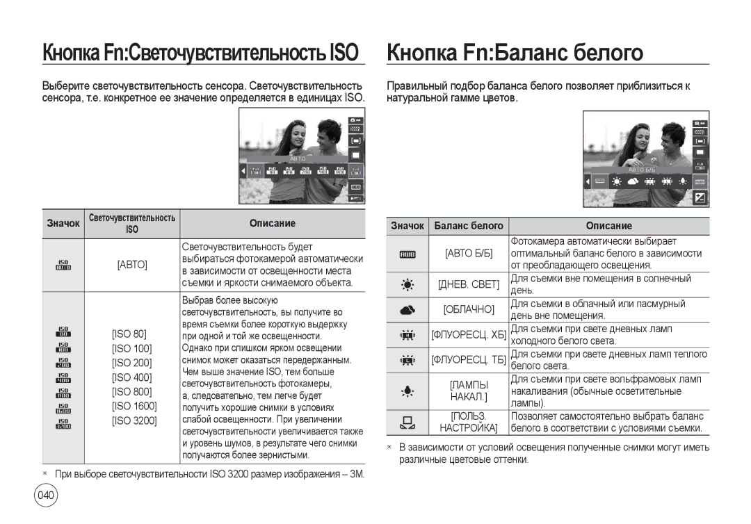 Samsung EC-I8ZZZWBA/RU, EC-I8ZZZPBA/E2, EC-I8ZZZWBA/E3 Кнопка FnБаланс белого, Натуральной гамме цветов, Значок Описание 