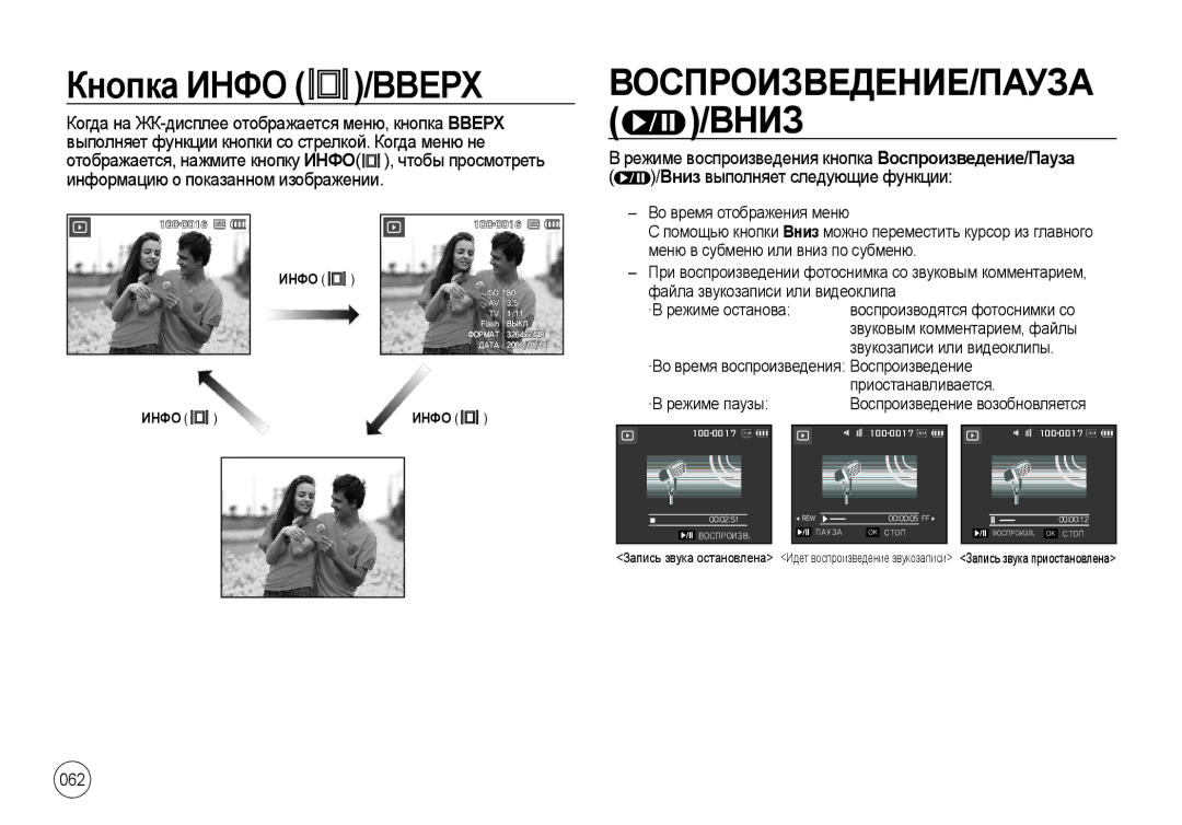 Samsung EC-I8ZZZBBA/CA, EC-I8ZZZPBA/E2, EC-I8ZZZWBA/E3, EC-I8ZZZPBA/GB Кнопка Инфо /ВВЕРХ, Вниз выполняет следующие функции 