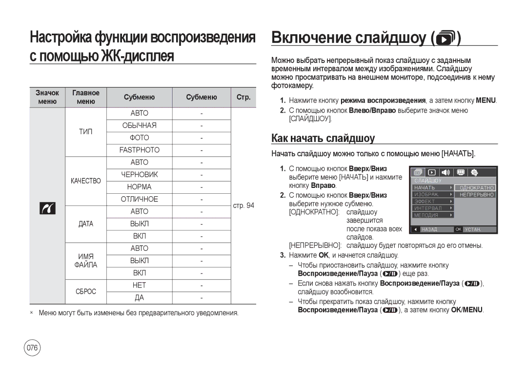 Samsung EC-I8ZZZUBA/RU manual Включение слайдшоу, Настройкафункциивоспроизведения спомощьюЖК-дисплея, Как начать слайдшоу 