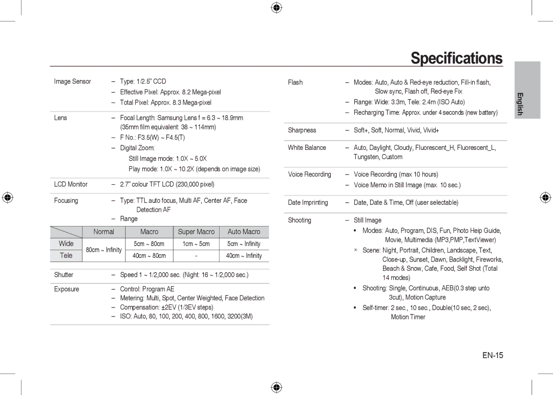 Samsung EC-I8ZZZUBB/FR, EC-I8ZZZPBA/E2, EC-I8ZZZWBA/E3, EC-I8ZZZPBA/GB, EC-I8ZZZBBA/E3, EC-I8ZZZPBB/FR Speciﬁcations, EN-15 