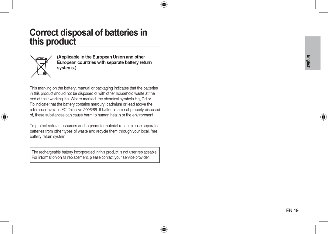 Samsung EC-I8ZZZBBA/E1, EC-I8ZZZPBA/E2, EC-I8ZZZWBA/E3, EC-I8ZZZPBA/GB Correct disposal of batteries in this product, EN-19 