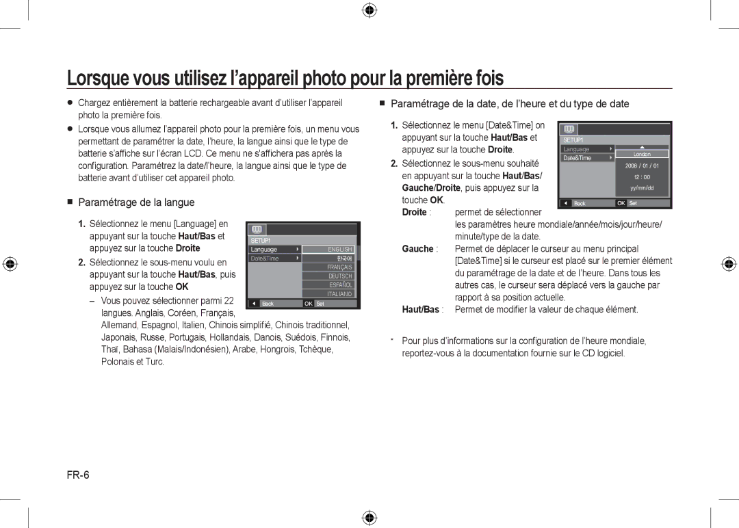 Samsung EC-I8ZZZBBB/E1 manual  Paramétrage de la langue,  Paramétrage de la date, de l’heure et du type de date, FR-6 