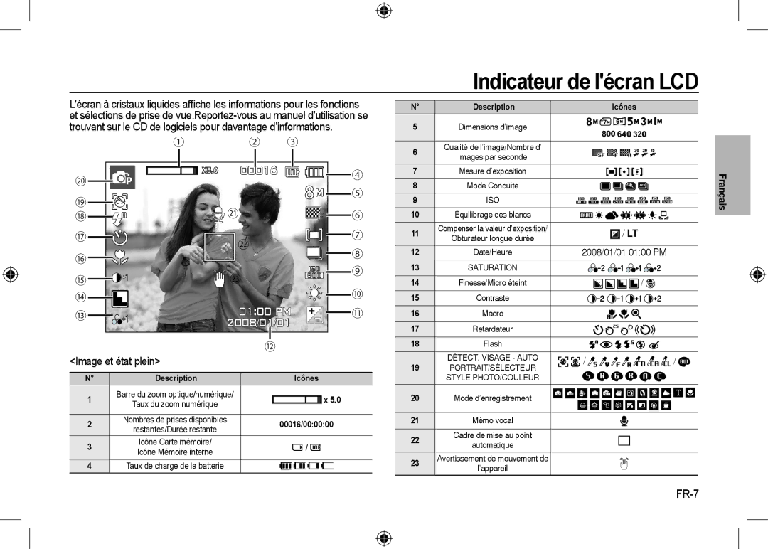 Samsung EC-I8ZZZPBB/E1, EC-I8ZZZPBA/E2 manual Indicateur de lécran LCD, Image et état plein, FR-7, 2008/01/01 0100 PM 