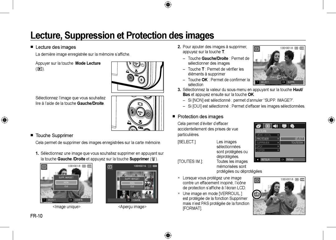 Samsung EC-I8ZZZBBA/AS Lecture, Suppression et Protection des images,  Lecture des images,  Touche Supprimer, FR-10 