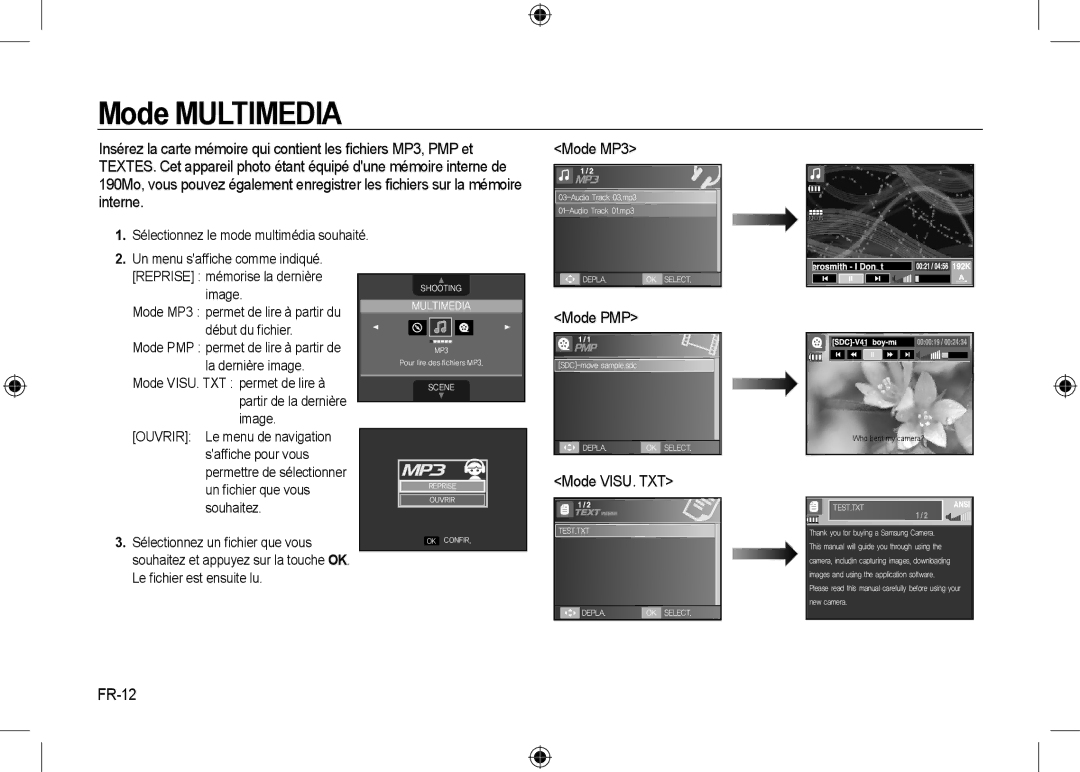 Samsung EC-I8ZZZPBA/CA, EC-I8ZZZPBA/E2 manual Mode PMP, Mode VISU. TXT, FR-12, Sélectionnez le mode multimédia souhaité 