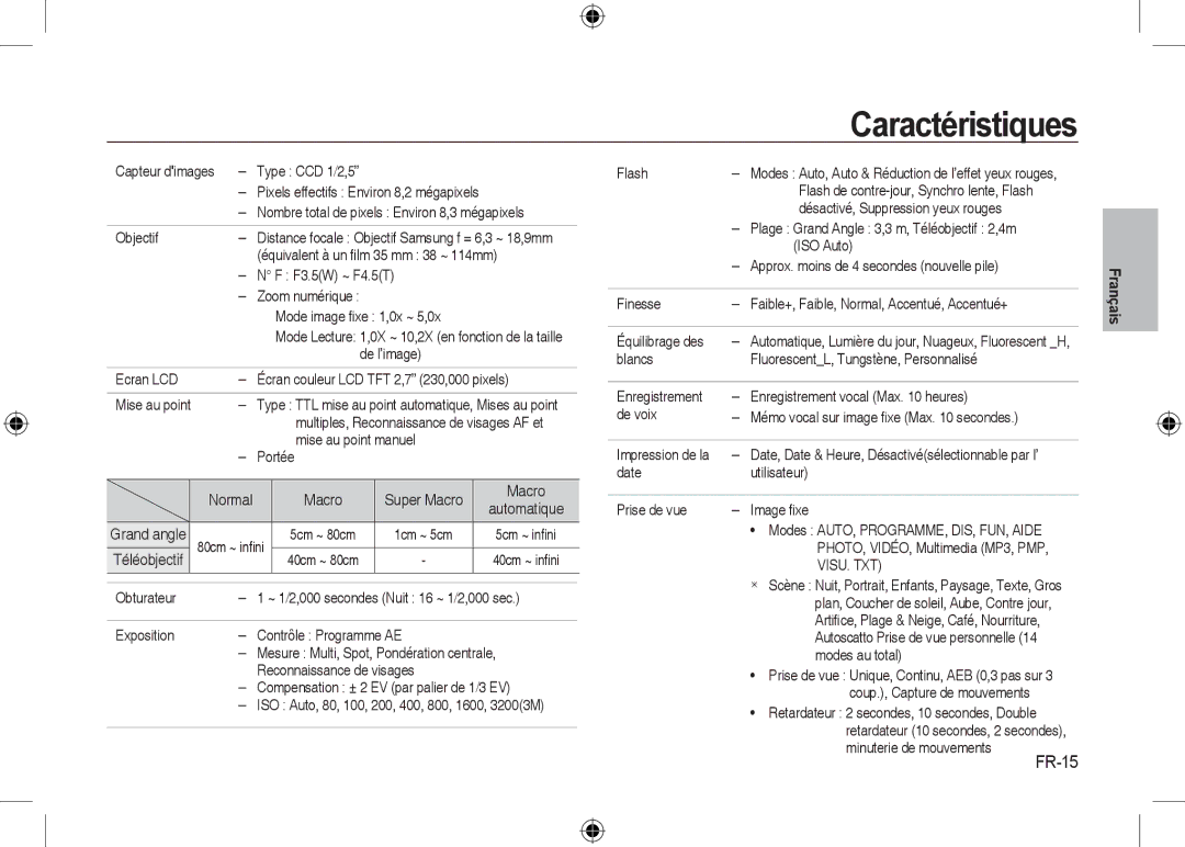 Samsung EC-I8ZZZUBA/HK, EC-I8ZZZPBA/E2, EC-I8ZZZWBA/E3, EC-I8ZZZPBA/GB, EC-I8ZZZBBA/E3, EC-I8ZZZPBB/FR manual Caractéristiques 