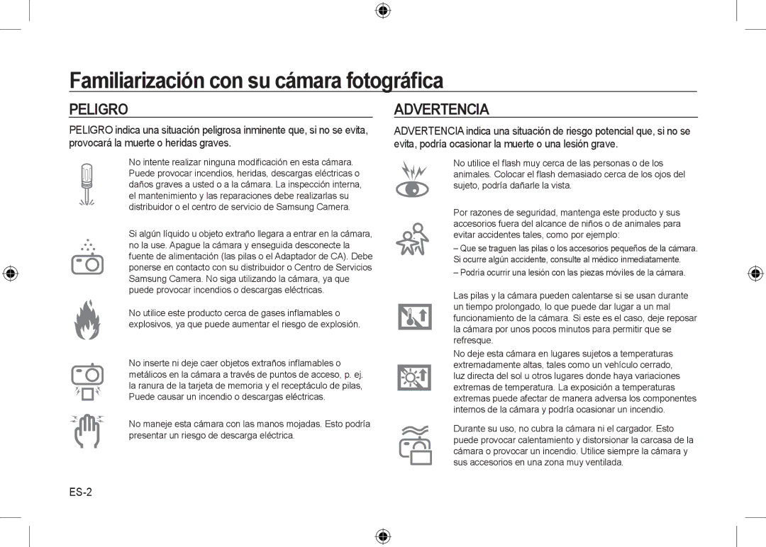 Samsung EC-I8ZZZBBA/TR, EC-I8ZZZPBA/E2, EC-I8ZZZWBA/E3, EC-I8ZZZPBA/GB manual Familiarización con su cámara fotográﬁca, ES-2 