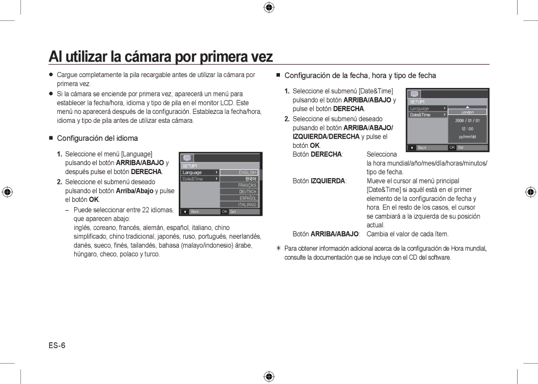 Samsung EC-I8ZZZWBA/CA, EC-I8ZZZPBA/E2 manual Al utilizar la cámara por primera vez,  Conﬁguración del idioma, ES-6 