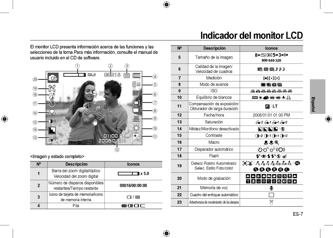 Samsung EC-I8ZZZWBA/RU, EC-I8ZZZPBA/E2, EC-I8ZZZWBA/E3 Indicador del monitor LCD, Imagen y estado completo, ES-7, Iconos 