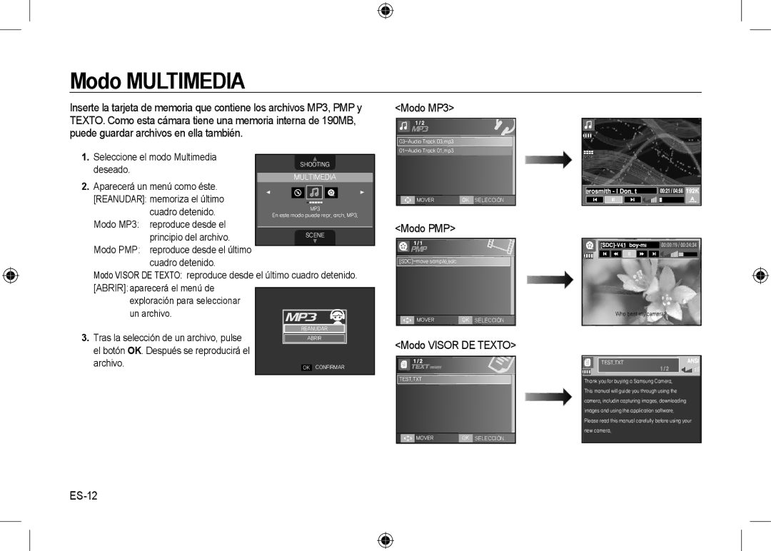 Samsung EC-I8ZZZBBB/MX, EC-I8ZZZPBA/E2, EC-I8ZZZWBA/E3, EC-I8ZZZPBA/GB manual Modo MP3, Modo PMP, Modo Visor DE Texto, ES-12 