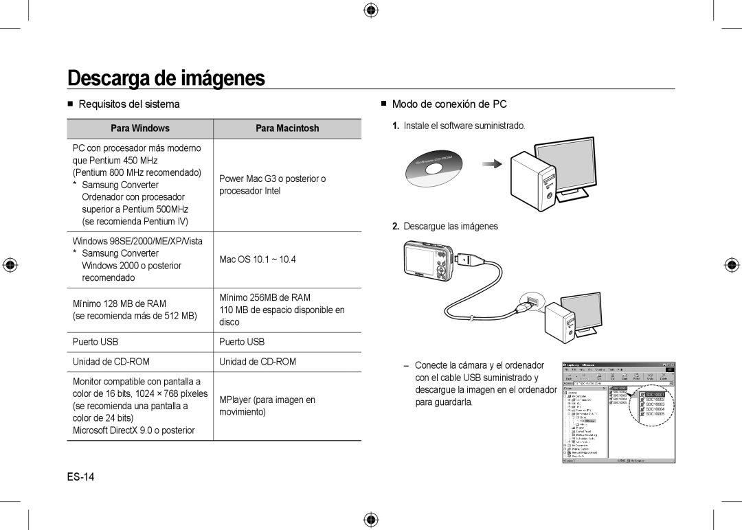 Samsung EC-I8ZZZUBA/DE, EC-I8ZZZPBA/E2 Descarga de imágenes,  Requisitos del sistema,  Modo de conexión de PC, ES-14 