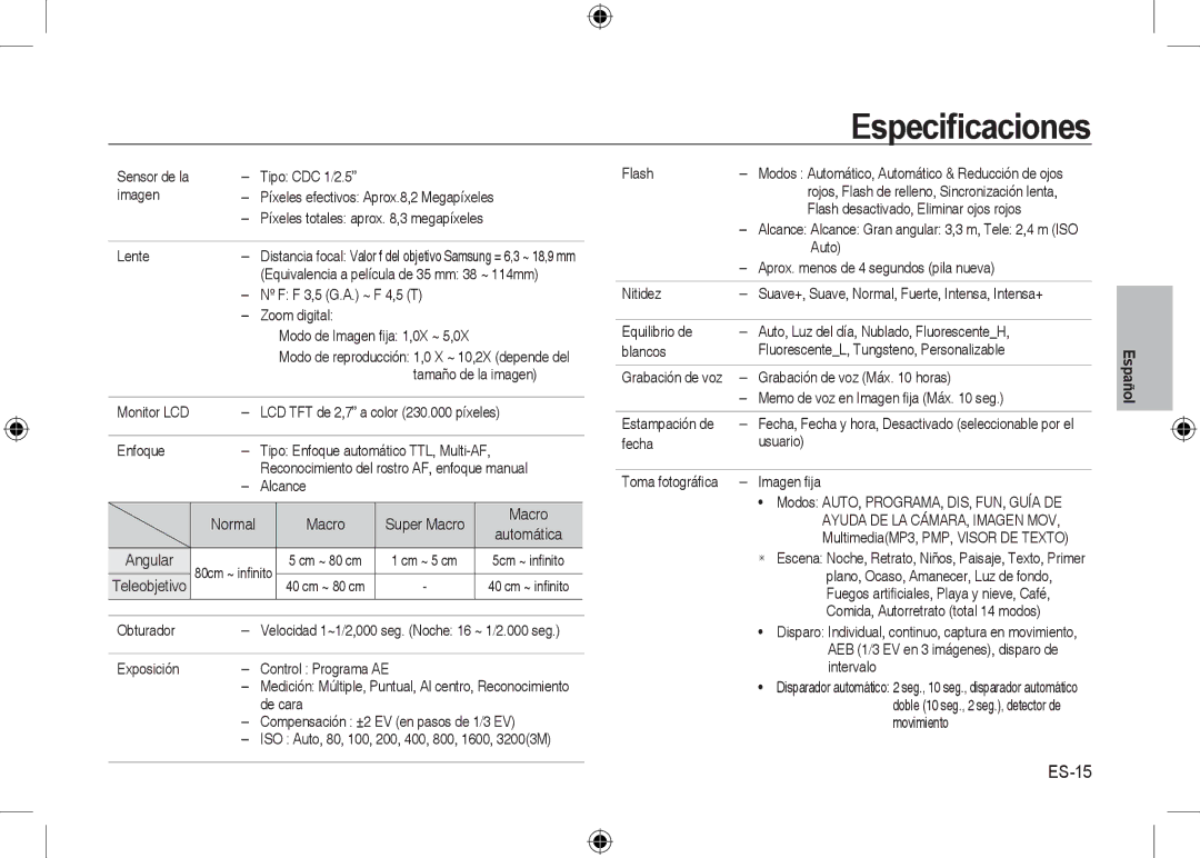 Samsung EC-I8ZZZUBA/GB, EC-I8ZZZPBA/E2, EC-I8ZZZWBA/E3, EC-I8ZZZPBA/GB, EC-I8ZZZBBA/E3, EC-I8ZZZPBB/FR Especiﬁcaciones, ES-15 