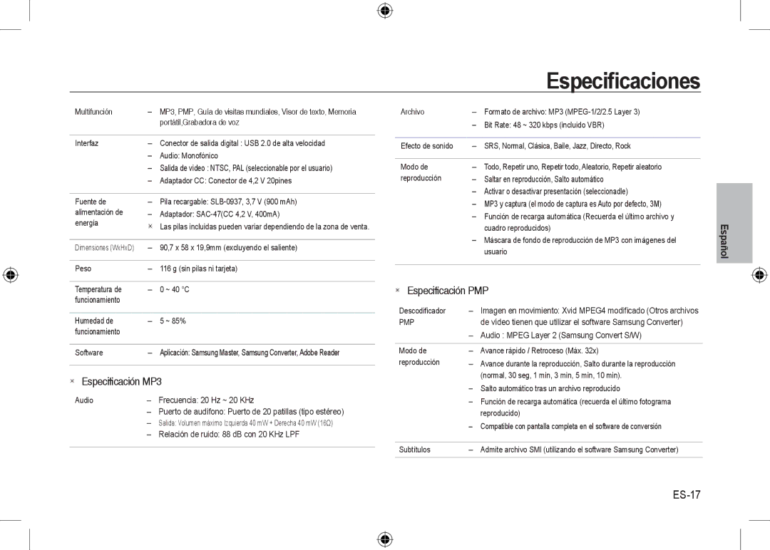 Samsung EC-I8ZZZUBA/TW, EC-I8ZZZPBA/E2, EC-I8ZZZWBA/E3, EC-I8ZZZPBA/GB, EC-I8ZZZBBA/E3 manual ES-17,  Especiﬁcación MP3 