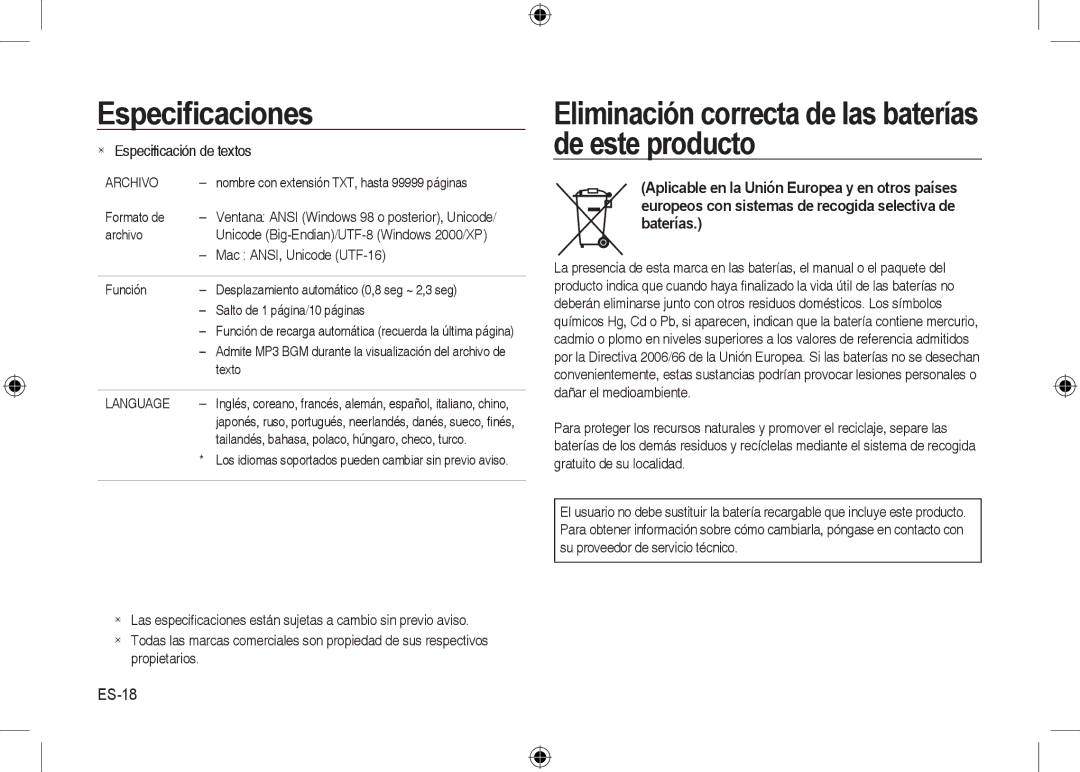 Samsung EC-I8ZZZUYA/CA, EC-I8ZZZPBA/E2, EC-I8ZZZWBA/E3 manual Eliminación correcta de las baterías de este producto, ES-18 