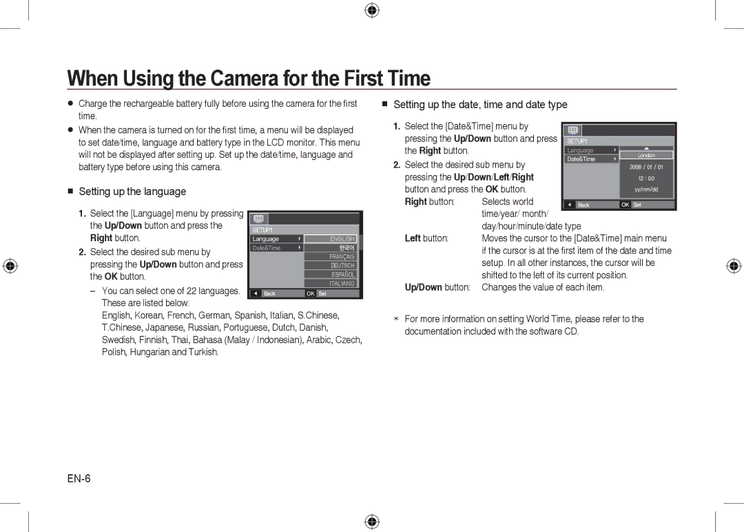 Samsung EC-I8ZZZWBA/GB manual When Using the Camera for the First Time,  Setting up the language, EN-6, Up/Down button 