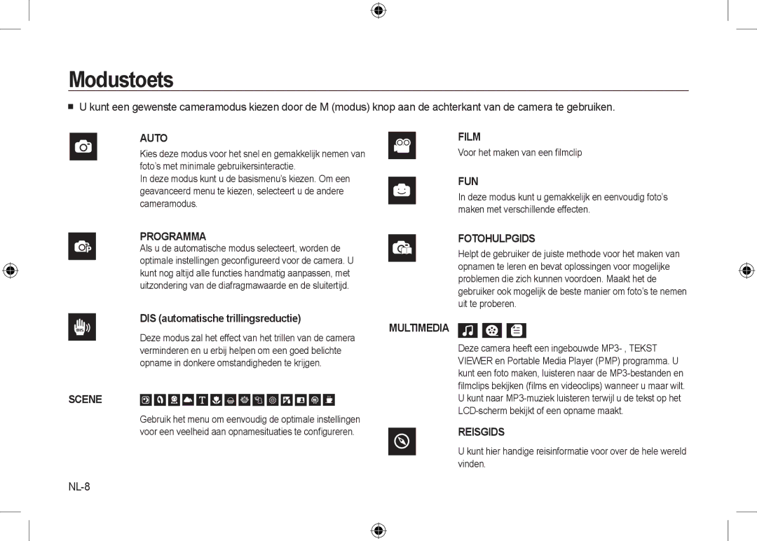 Samsung EC-I8ZZZBYA/CA, EC-I8ZZZPBA/E2, EC-I8ZZZWBA/E3, EC-I8ZZZPBA/GB manual Modustoets, NL-8, Voor het maken van een ﬁlmclip 