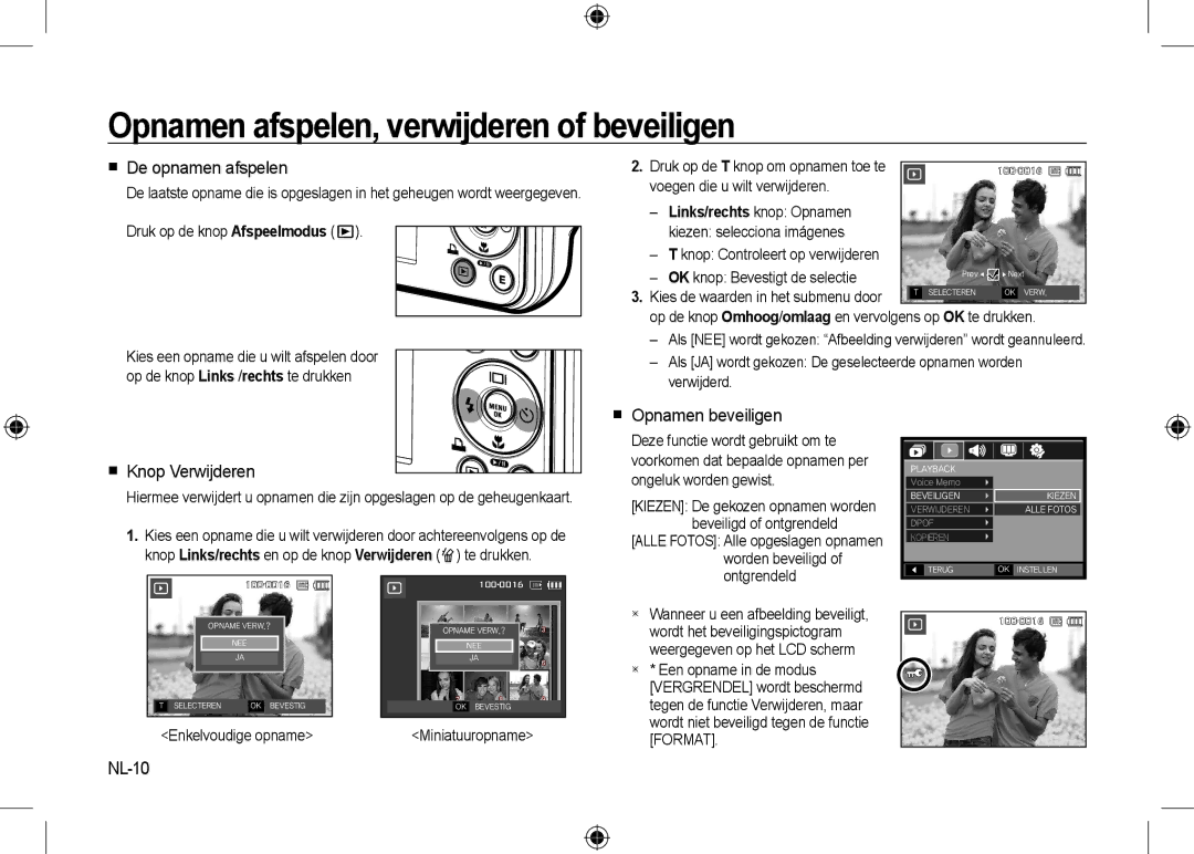 Samsung EC-I8ZZZUBC/AS Opnamen afspelen, verwijderen of beveiligen,  De opnamen afspelen,  Opnamen beveiligen, NL-10 