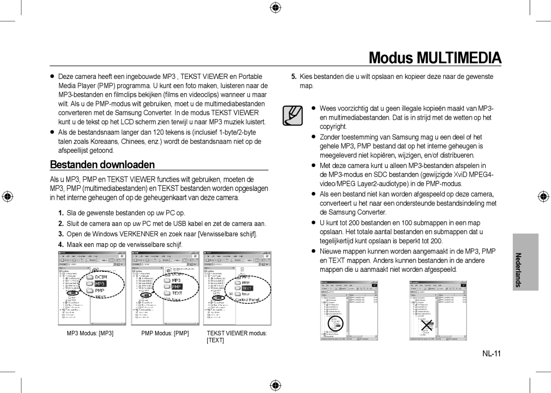 Samsung EC-I8ZZZWBA/IN manual Modus Multimedia, Bestanden downloaden, NL-11, Sla de gewenste bestanden op uw PC op 