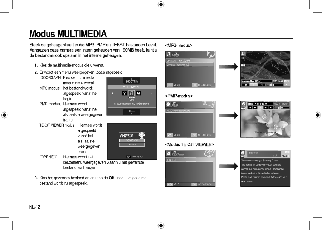 Samsung EC-I8ZZZBBA/VN, EC-I8ZZZPBA/E2 Modus Tekst Viewer, NL-12, MP3 modus het bestand wordt afgespeeld vanaf het begin 