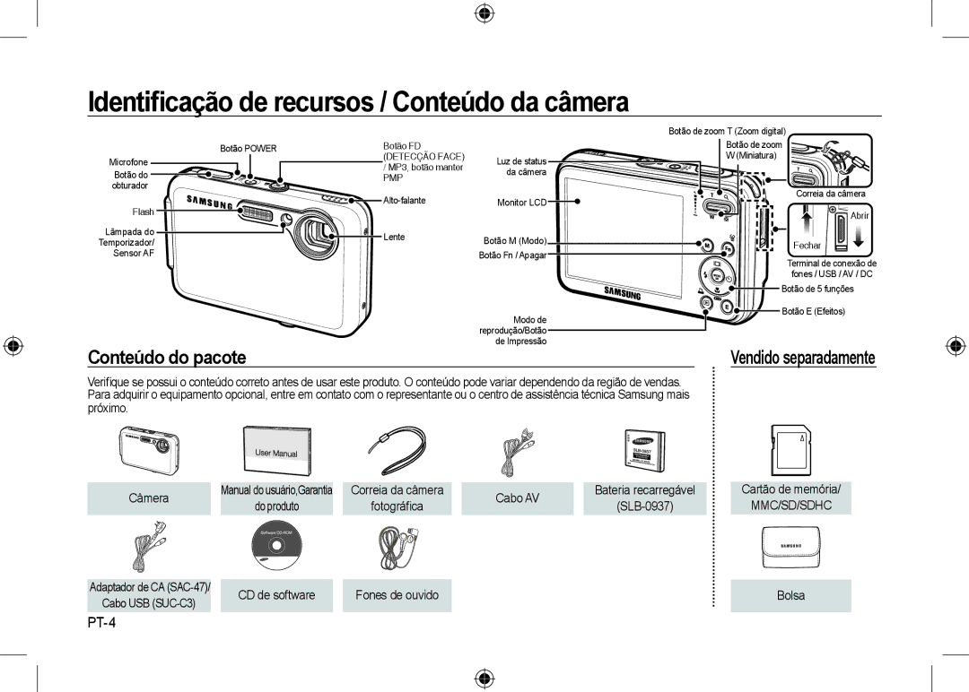 Samsung EC-I8ZZZPBA/GB Identiﬁcação de recursos / Conteúdo da câmera, Conteúdo do pacote, Vendido separadamente, PT-4 