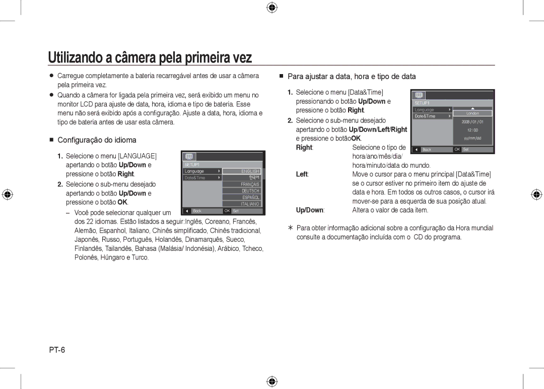 Samsung EC-I8ZZZPBB/FR, EC-I8ZZZPBA/E2, EC-I8ZZZWBA/E3 Utilizando a câmera pela primeira vez,  Conﬁguração do idioma, PT-6 