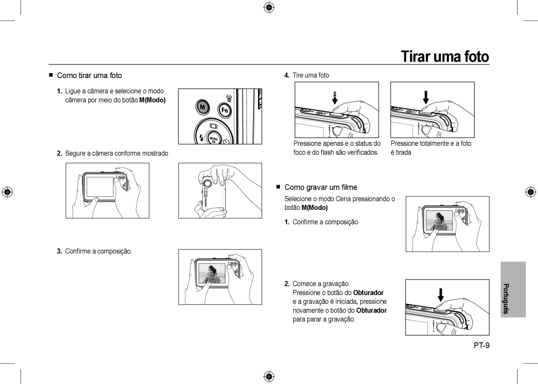 Samsung EC-I8ZZZWBA/FR, EC-I8ZZZPBA/E2, EC-I8ZZZWBA/E3 Tirar uma foto,  Como tirar uma foto,  Como gravar um ﬁlme, PT-9 