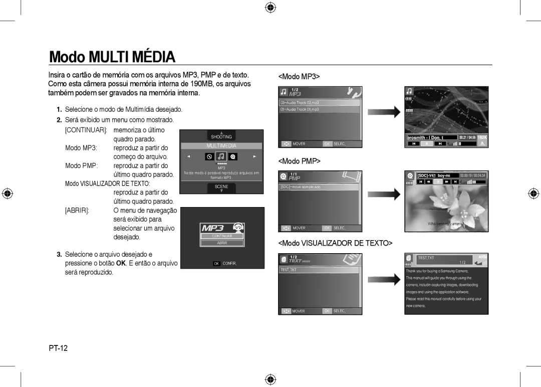 Samsung EC-I8ZZZPBA/E3, EC-I8ZZZPBA/E2 PT-12, Continuar, Modo MP3 Reproduz a partir do Começo do arquivo Modo PMP, Abrir 