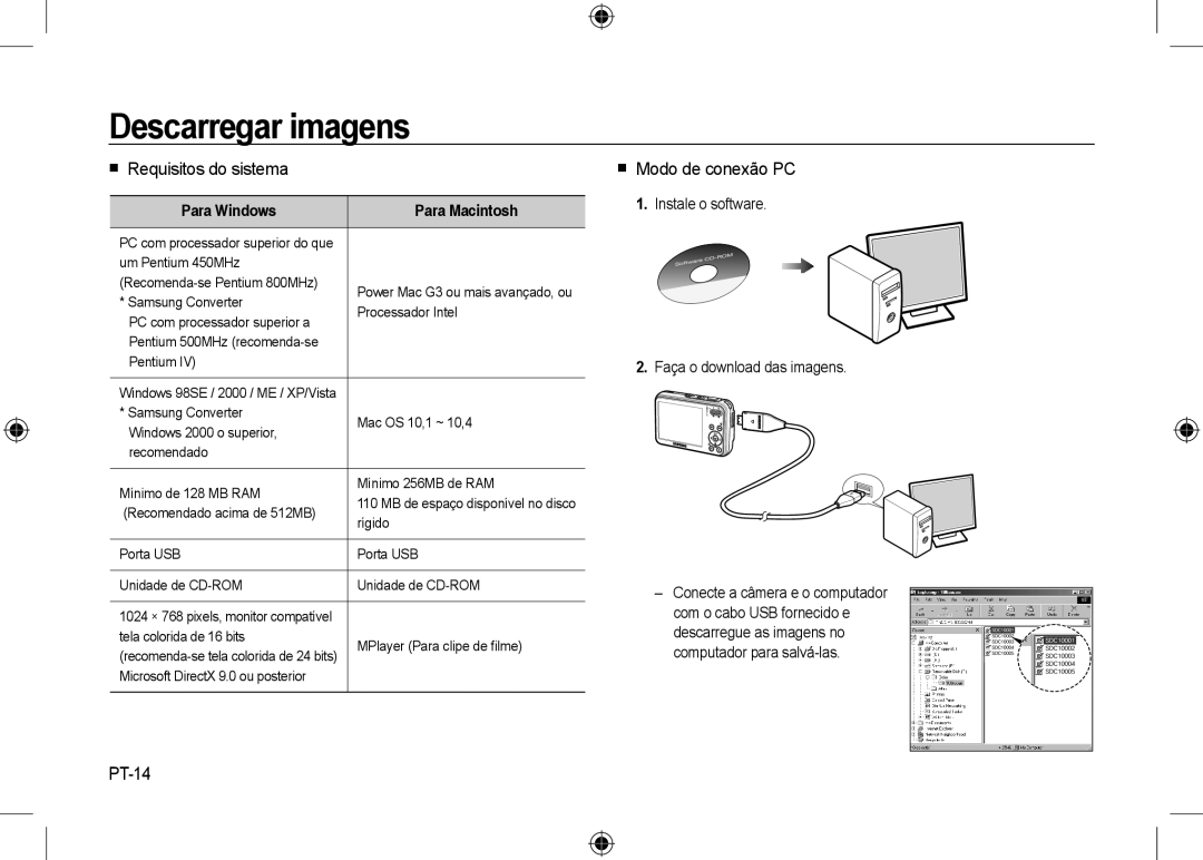 Samsung EC-I8ZZZPBA/FR, EC-I8ZZZPBA/E2 manual Descarregar imagens,  Requisitos do sistema,  Modo de conexão PC, PT-14 