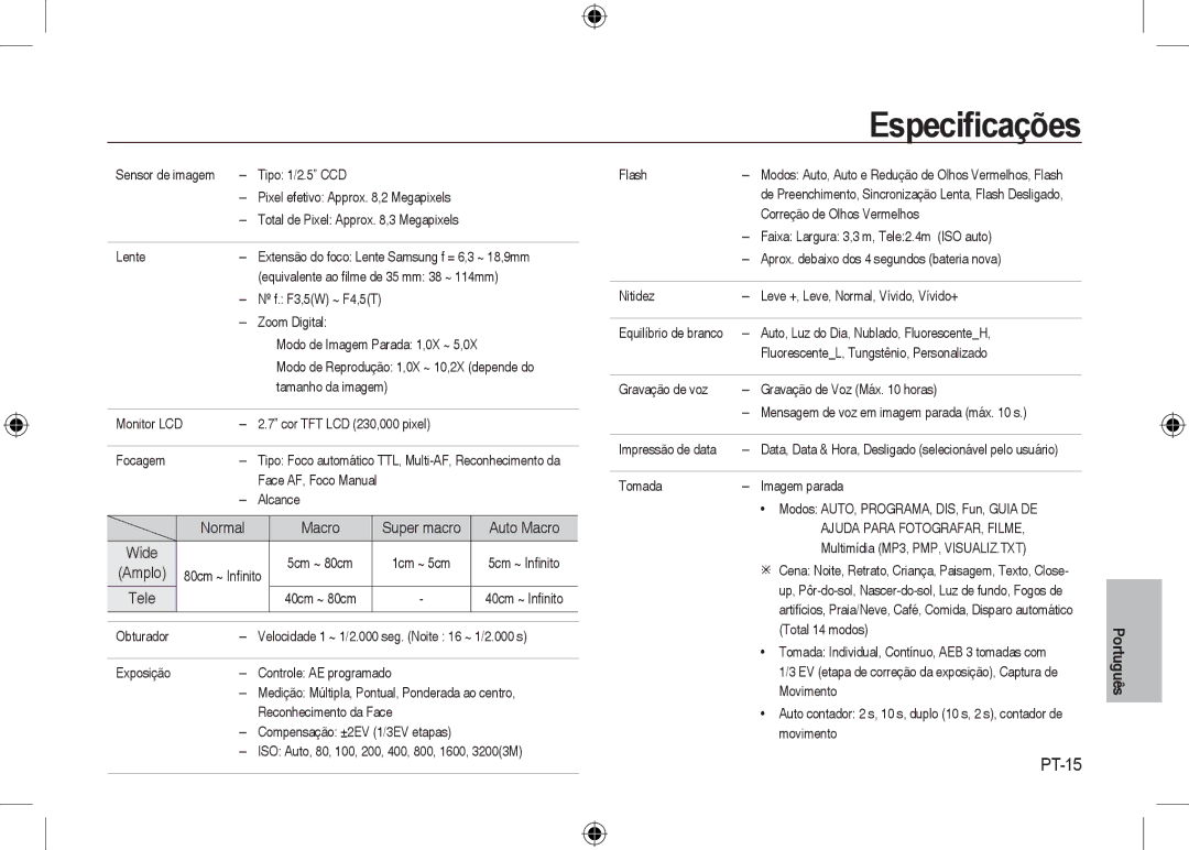 Samsung EC-I8ZZZUBA/E2, EC-I8ZZZPBA/E2, EC-I8ZZZWBA/E3, EC-I8ZZZPBA/GB Especiﬁcações, PT-15, Ajuda Para FOTOGRAFAR, Filme 