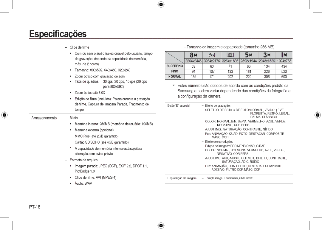 Samsung EC-I8ZZZBBB/FR, EC-I8ZZZPBA/E2, EC-I8ZZZWBA/E3, EC-I8ZZZPBA/GB, EC-I8ZZZBBA/E3 manual PT-16, Para, Armazenamento Mídia 