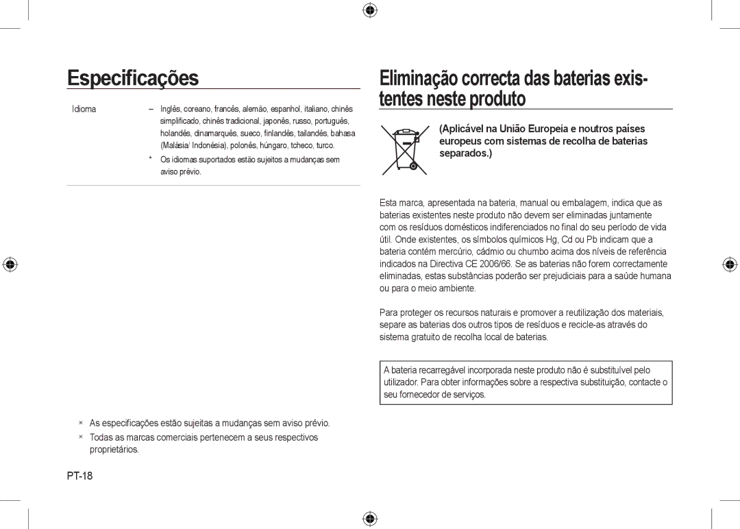 Samsung EC-I8ZZZBBA/E2, EC-I8ZZZPBA/E2, EC-I8ZZZWBA/E3, EC-I8ZZZPBA/GB, EC-I8ZZZBBA/E3 manual PT-18, Idioma, Aviso prévio 