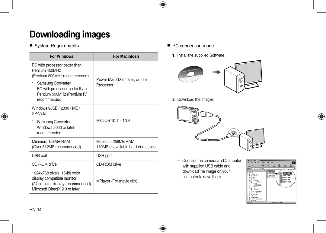 Samsung EC-I8ZZZBBB/FR Downloading images,  System Requirements,  PC connection mode, EN-14, For Windows For Macintosh 