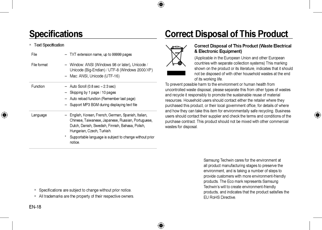 Samsung EC-I8ZZZUBC/E1 manual Correct Disposal of This Product, EN-18, Mac ANSI, Unicode UTF-16, Hungarian, Czech, Turkish 