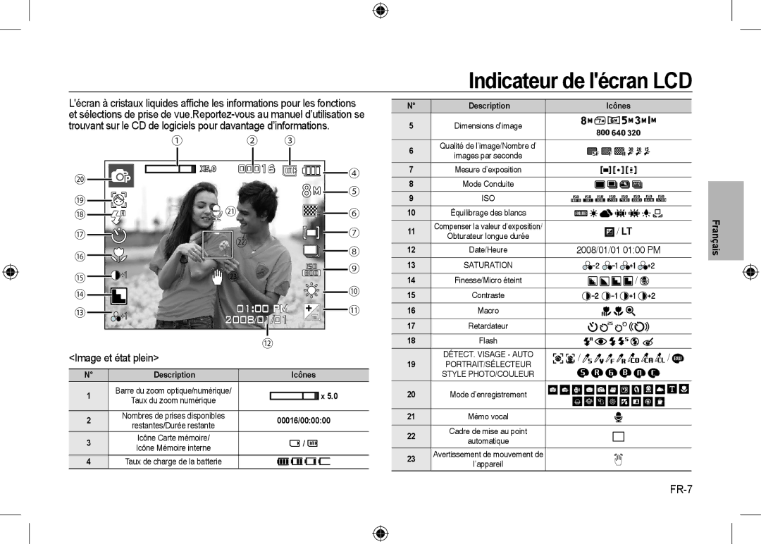 Samsung EC-I8ZZZWBA/RU, EC-I8ZZZPBA/E2 manual Indicateur de lécran LCD, Image et état plein, FR-7, 2008/01/01 0100 PM 