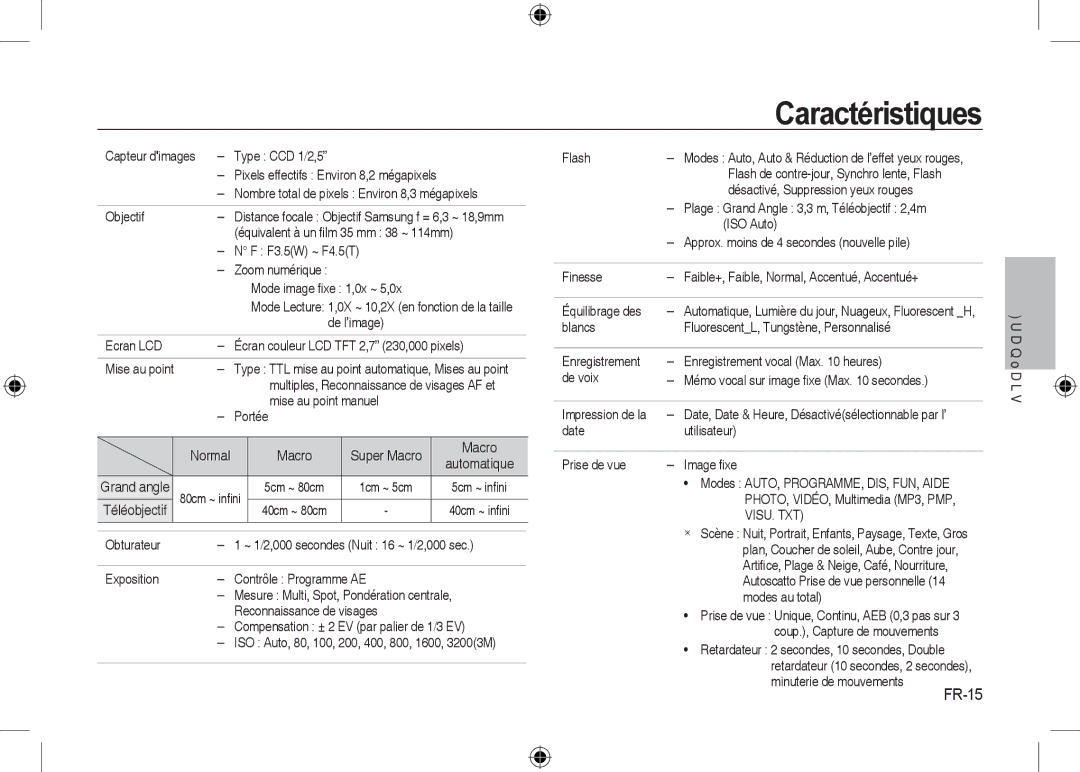 Samsung EC-I8ZZZUBA/GB, EC-I8ZZZPBA/E2, EC-I8ZZZWBA/E3, EC-I8ZZZPBA/GB, EC-I8ZZZBBA/E3 manual Caractéristiques, Visu. Txt 