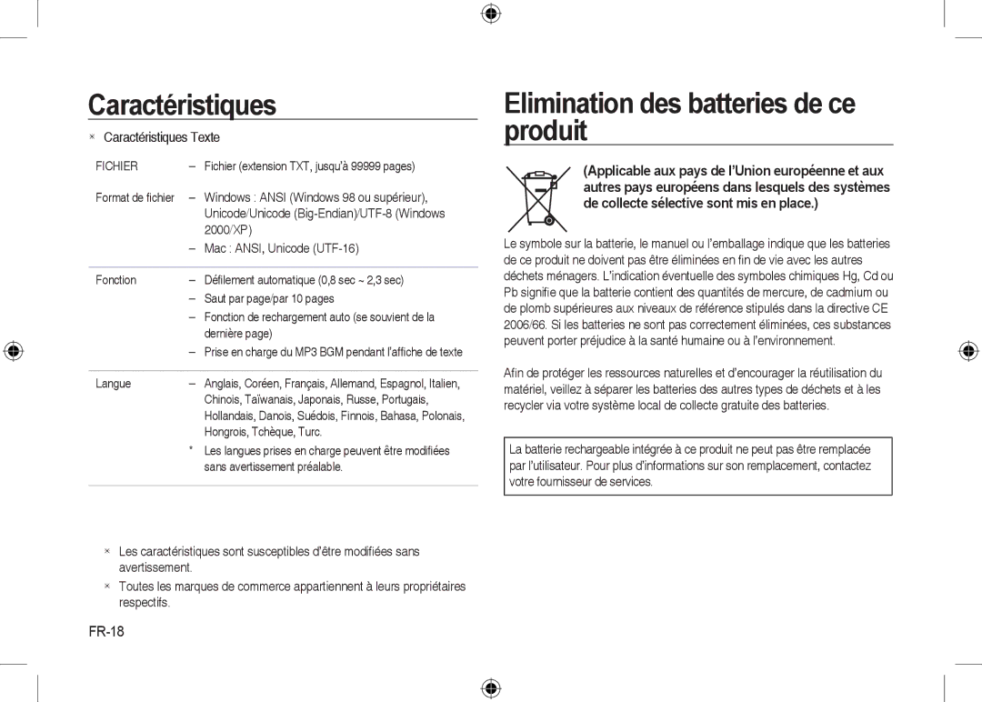 Samsung EC-I8ZZZUYA/CA, EC-I8ZZZPBA/E2, EC-I8ZZZWBA/E3, EC-I8ZZZPBA/GB manual Elimination des batteries de ce produit, FR-18 