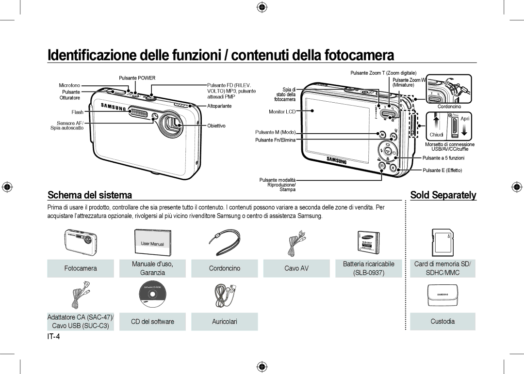 Samsung EC-I8ZZZPBE/AS Identiﬁcazione delle funzioni / contenuti della fotocamera, IT-4, Fotocamera, Cordoncino Cavo AV 