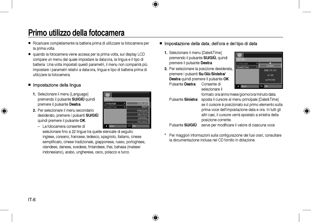 Samsung EC-I8ZZZUBA/RU, EC-I8ZZZPBA/E2, EC-I8ZZZWBA/E3 Primo utilizzo della fotocamera,  Impostazione della lingua, IT-6 