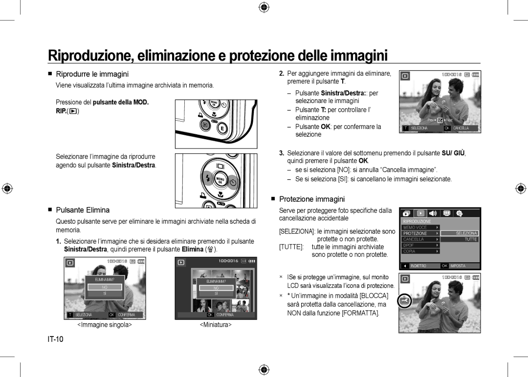 Samsung EC-I8ZZZPBA/TW manual Riproduzione, eliminazione e protezione delle immagini,  Riprodurre le immagini, IT-10 