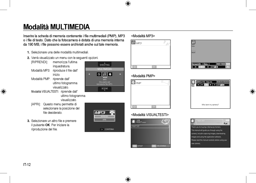 Samsung EC-I8ZZZPYA/CA, EC-I8ZZZPBA/E2, EC-I8ZZZWBA/E3 Modalità MP3, Modalità PMP, Modalità Visualtesti, IT-12, Riprendi 