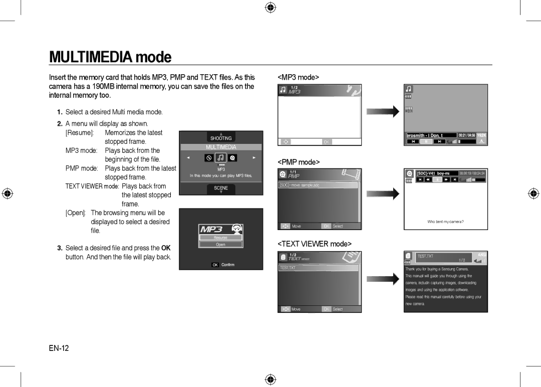 Samsung EC-I8ZZZPBA/FR, EC-I8ZZZPBA/E2, EC-I8ZZZWBA/E3, EC-I8ZZZPBA/GB, EC-I8ZZZBBA/E3 manual PMP mode, Text Viewer mode, EN-12 