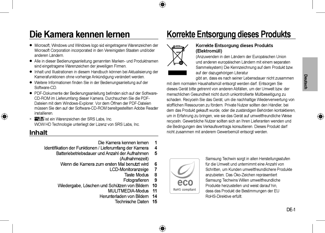 Samsung EC-I8ZZZUBB/E1 Die Kamera kennen lernen, Inhalt, DE-1, Identiﬁkation der Funktionen / Lieferumfang der Kamera 