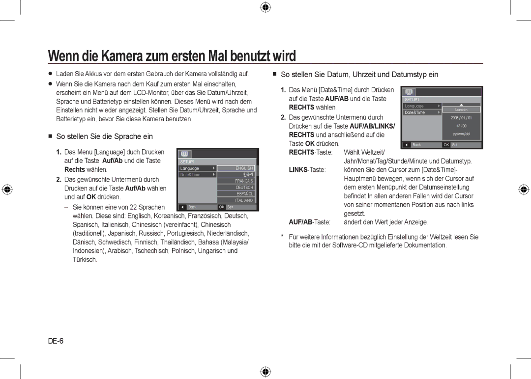 Samsung EC-I8ZZZBBB/E1 Wenn die Kamera zum ersten Mal benutzt wird,  So stellen Sie die Sprache ein, DE-6, Rechts wählen 