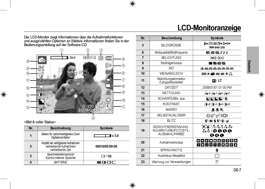 Samsung EC-I8ZZZPBB/E1, EC-I8ZZZPBA/E2 manual LCD-Monitoranzeige, Bild & voller Status, DE-7, Symbole, 00016/000000 