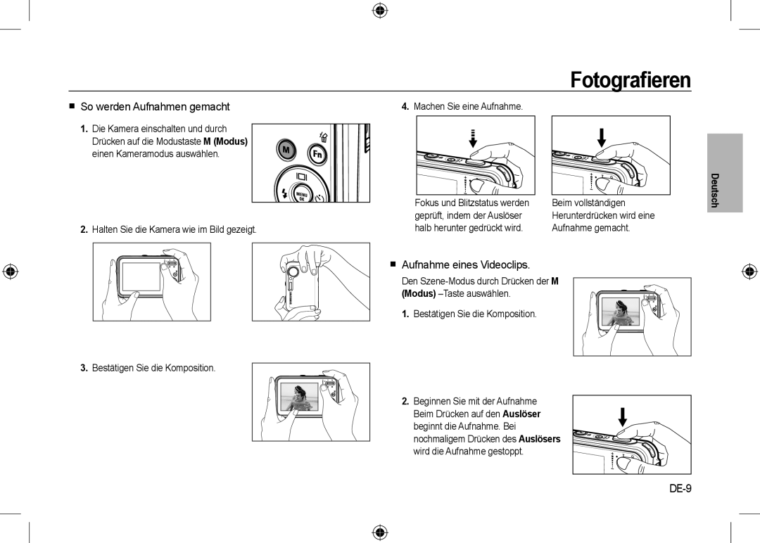 Samsung EC-I8ZZZWBC/E1, EC-I8ZZZPBA/E2 manual Fotograﬁeren,  So werden Aufnahmen gemacht,  Aufnahme eines Videoclips, DE-9 