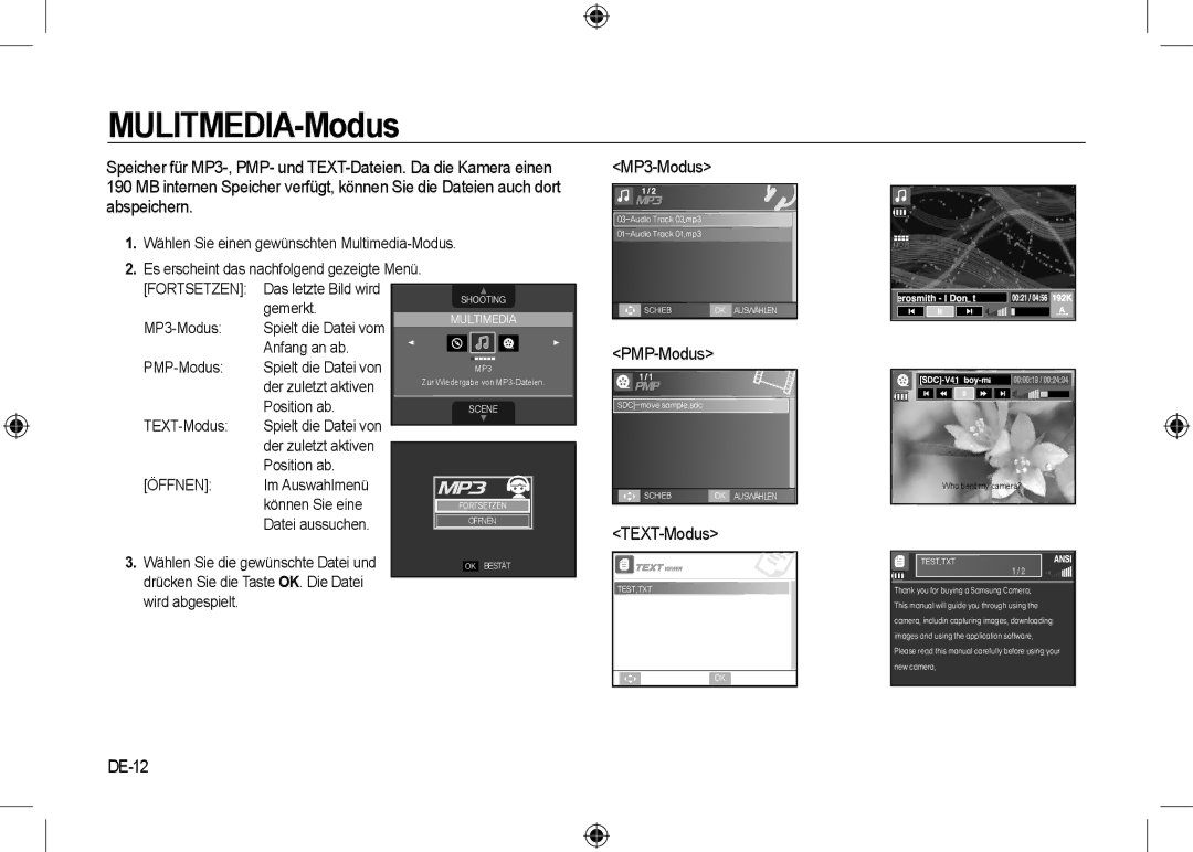 Samsung EC-I8ZZZPBA/CA, EC-I8ZZZPBA/E2, EC-I8ZZZWBA/E3, EC-I8ZZZPBA/GB manual MP3-Modus, PMP-Modus, TEXT-Modus, DE-12 