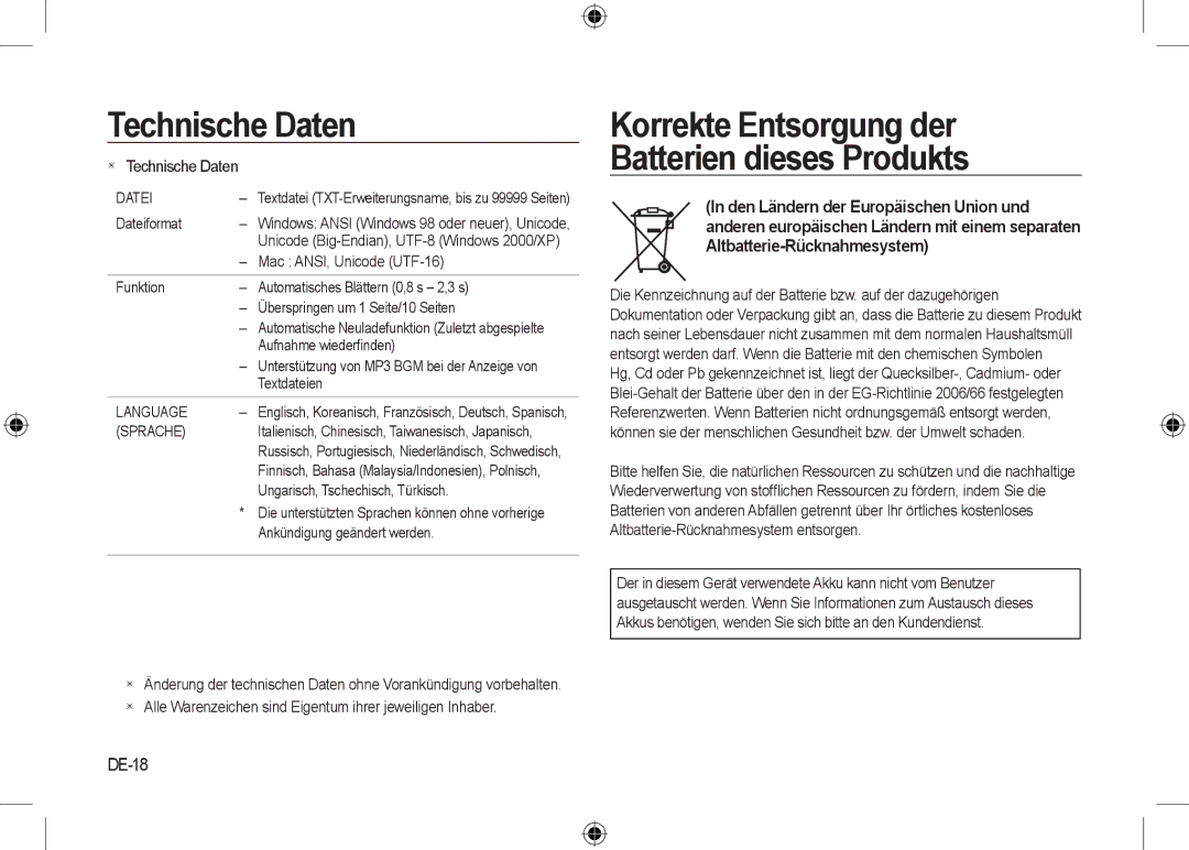 Samsung EC-I8ZZZPBA/AU, EC-I8ZZZPBA/E2 manual Korrekte Entsorgung der Batterien dieses Produkts, DE-18, Language, Sprache 